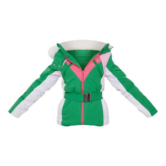 PRETTYLITTLETHING SKI Green And White Faux Fur Hooded Belted Jacket - size 8 - Picture 2 of 12